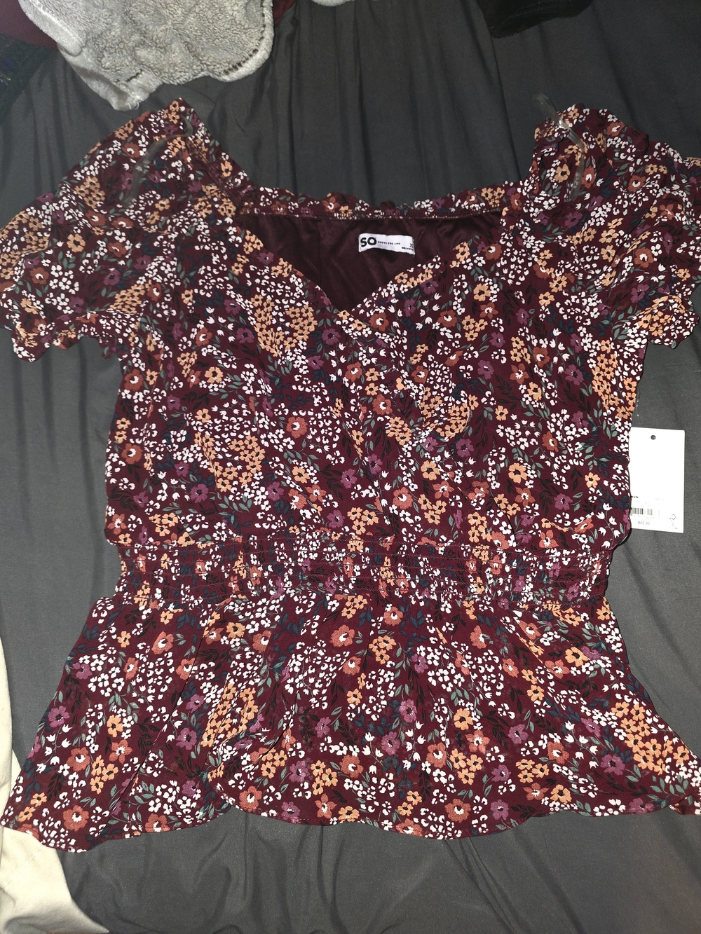 SO Burgundy Floral V-Neck Short Sleeve Peplum Top